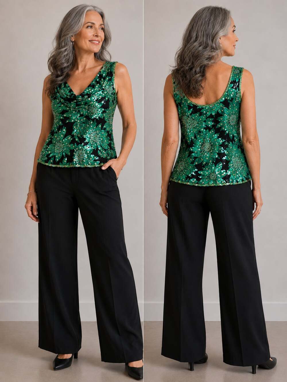 Andretta Donatello Vintage Beaded Floral Sequin Cowl Neck Tank Top
J23JC